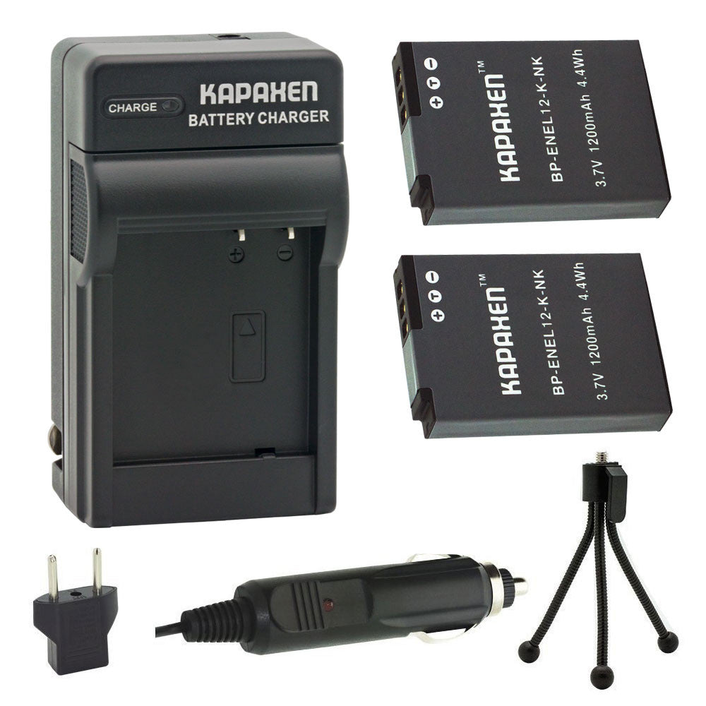 Kapaxen™ Two EN-EL12 Batteries and MH-65 Charger Kit With Bonus Mini Tripod for Nikon Coolpix and KeyMission Cameras
